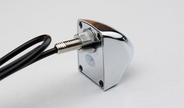 chrome-finished motorcycle turn signal with sleek angular design and black wiring shown from the back side for 4.3 inch led rear view mirror with reversing camera