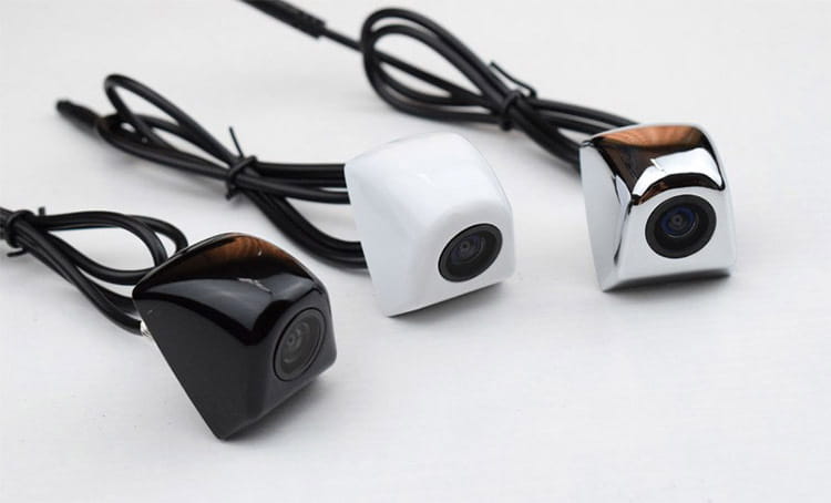 Three compact rear view car cameras with glossy black white and chrome finishes designed for 4.3 inch led rear view mirror with reversing camera.