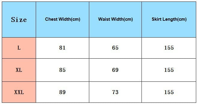 This size chart displays chest width waist width and skirt length measurements in centimeters for the pink sequin african ladies quality high stretch dress in sizes l xl and xxl.