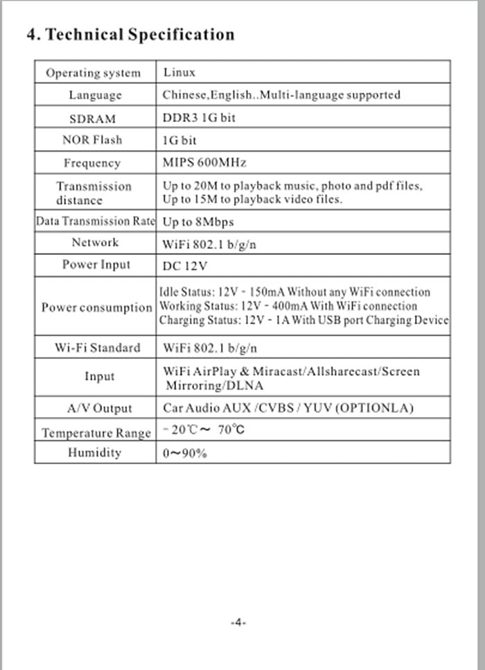 black and silver technical specification sheet for the best seller car mirror link box with antenna showing linux-based device details