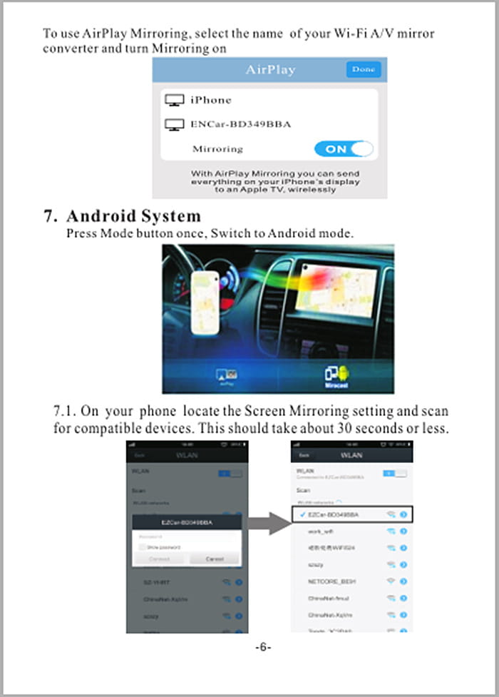 The image shows a smartphone screen with airplay mirroring setup displaying an iphone and encar-bd349bba as available devices alongside android system instructions for screen mirroring for the best seller car mirror link box with antenna.