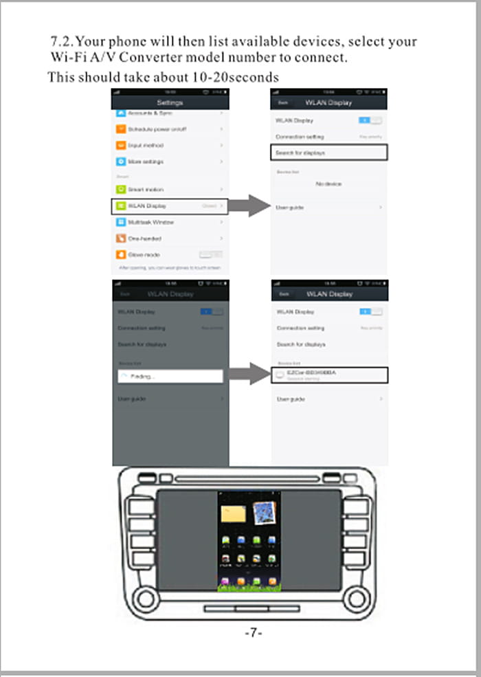 The black and white schematic diagram of a best seller car mirror link box with antenna displays a touchscreen in-car infotainment system with step-by-step wi-fi connection instructions.