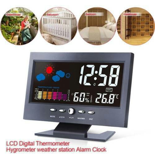 black lcd digital large screen perpetual calendar weather station alarm clock displaying time temperature humidity and weather icons in degrees celsius on its screen