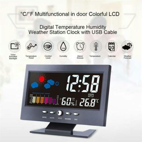 black digital large screen perpetual calendar weather station clock with lcd screen displaying time temperature humidity degrees celsius and weather forecast