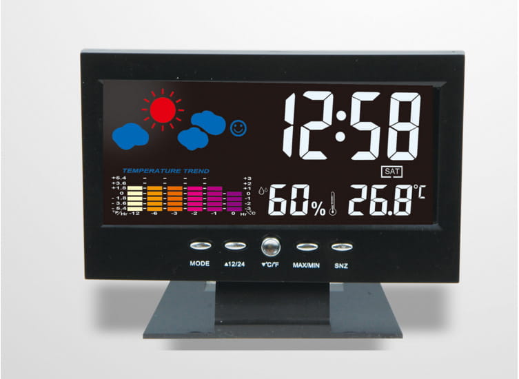 Black digital large screen perpetual calendar weather station displaying time degrees celsius humidity and a colorful bar graph for temperature trend