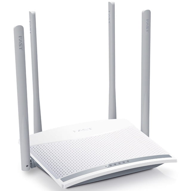 white wireless home broadband router made of plastic with four gray antennas marked fast and a perforated front panel for home broadband telecommunications use