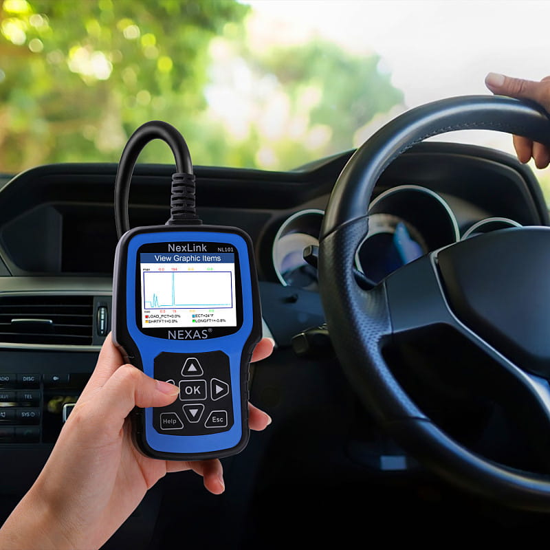 Blue Nexlink NL161 automotive diagnostic scanner with black cable and control buttons designed for Nexas NL101 car diagnostic use on standard OBD2 cars.