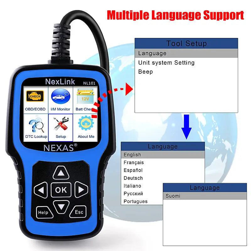 Blue and black Nexas NL101 car diagnostic scanner for standard OBD2 cars with a screen displaying various vehicle diagnostic functions.