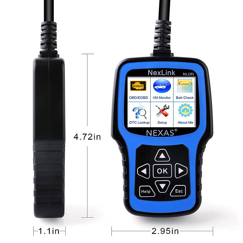 Blue and black Nexas NL101 car diagnostic scanner with a touchscreen display showing various vehicle diagnostics functions for standard OBD2 cars.