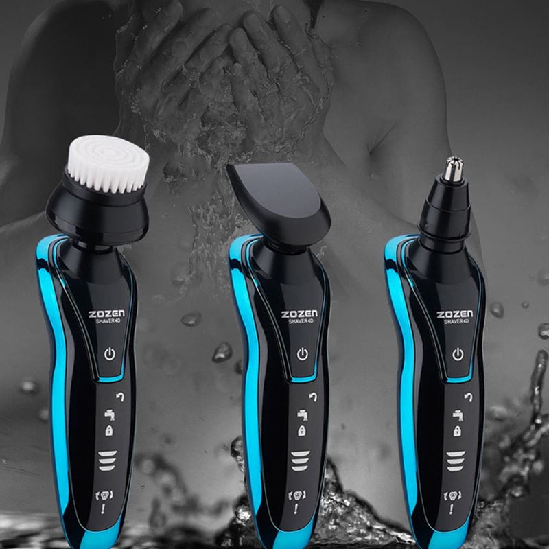 Three black and blue zozen 4g multi-functional waterproof rechargeable floating shavers with usb charging and interchangeable nose hair and face grooming attachments.
