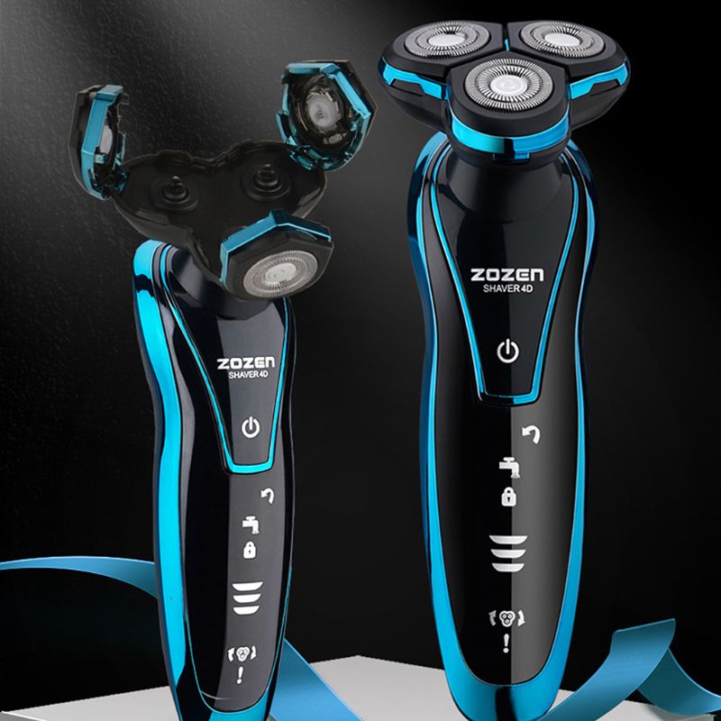 black and blue Zozen 4D floating shaver with three rotary heads featuring waterproof design and usb charging for nose hair grooming