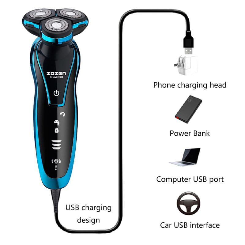 Blue and black Zozen shaper 40 electric floating shaver with three rotary heads features usb charging and is designed for nose hair trimming and waterproof use.