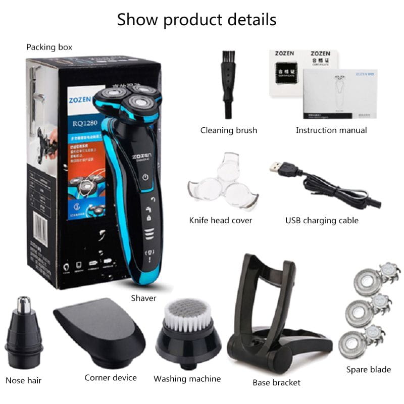 Black and blue zozen rq1280 waterproof rechargeable 4d floating shaver with three rotary heads and usb charging designed for nose hair trimming and efficient grooming.