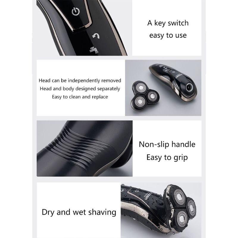Black waterproof rechargeable 4d floating shaver with a sleek ergonomic design, three rotary blades, and usb charging, suitable for nose hair trimming.