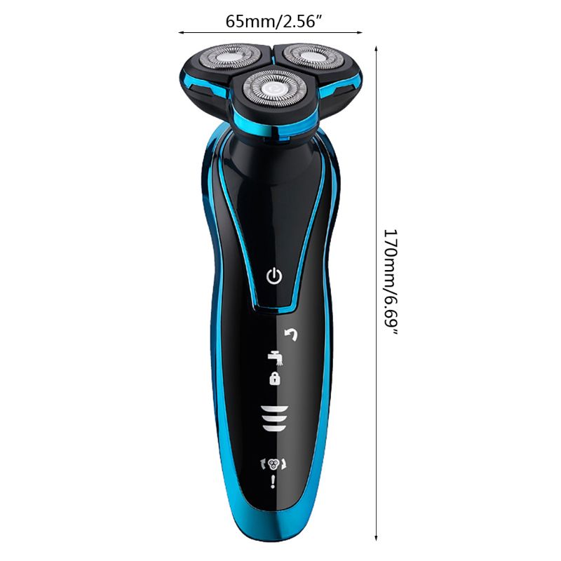 Black and blue waterproof rechargeable 4D floating shaver with three rotary heads and USB charging designed for precise nose hair trimming.
