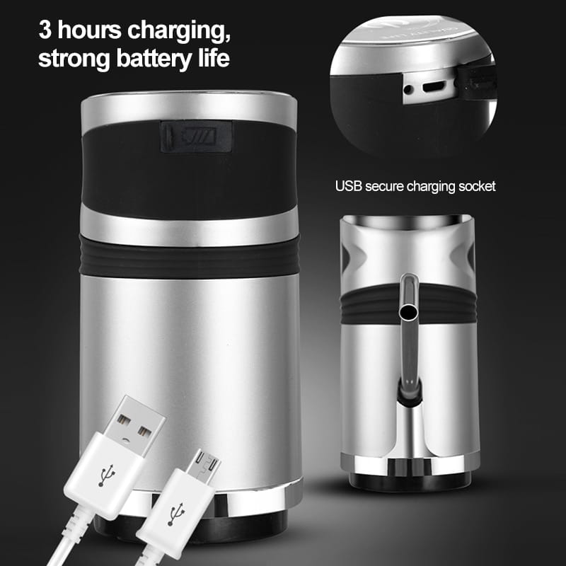 silver and black cylindrical portable usb charging bucket water absorber with dual usb secure charging sockets and digital display