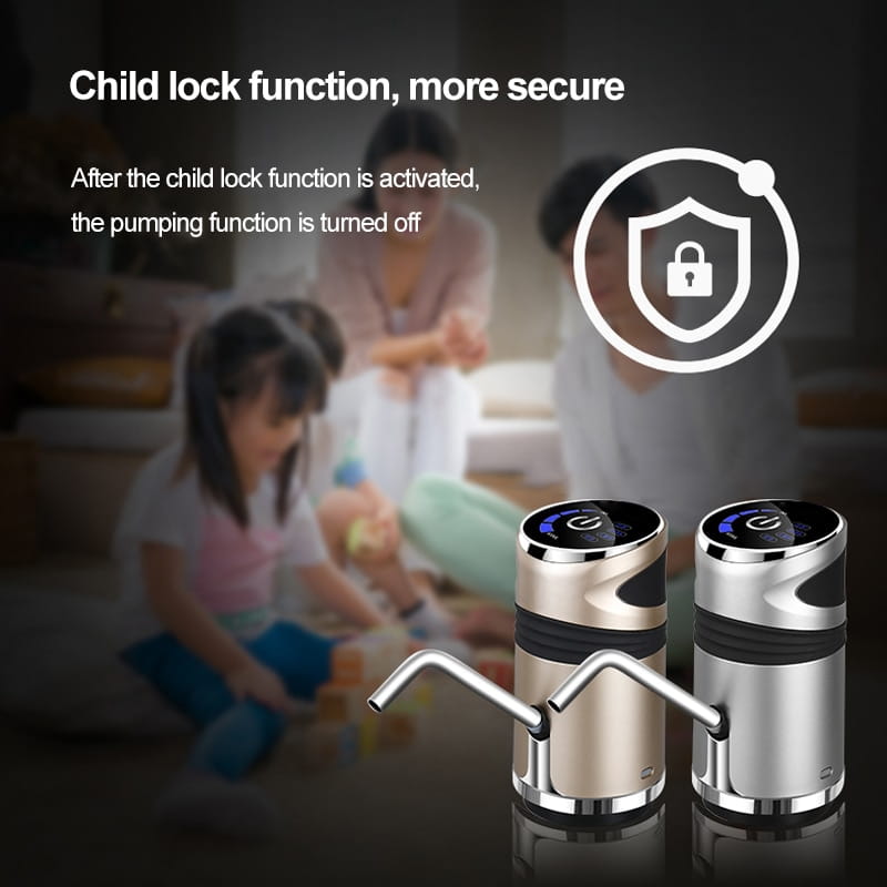 Two sleek modern electric water pumps with metallic silver and black finishes for a dual usb charging bucket water absorber with digital display