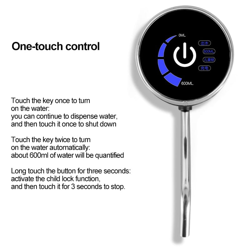 Silver-toned digital usb charging bucket water absorber with circular touchscreen interface and measurement indicators for precise water dispensing.