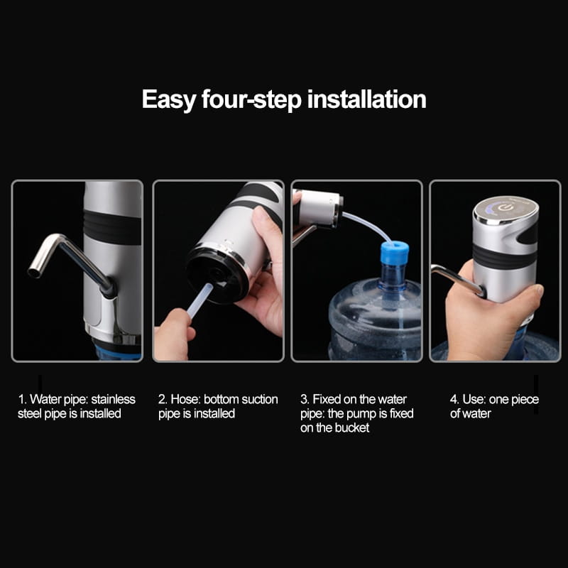 Silver and black electric water pump with a sleek cylindrical design and push-button top for operation in a dual usb charging bucket water absorber with digital display.