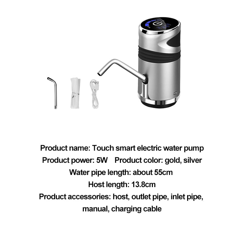 A sleek cylindrical gold and silver touch smart electric water pump with a curved spout designed for a dual USB charging bucket water absorber with digital display.