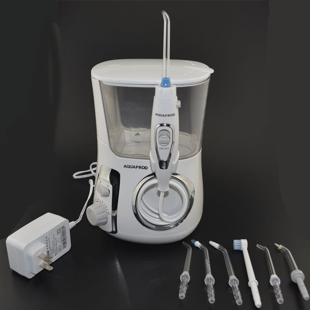 White modern electric tooth punch water flosser with transparent reservoir and multiple interchangeable brush head nozzles for effective oral care.