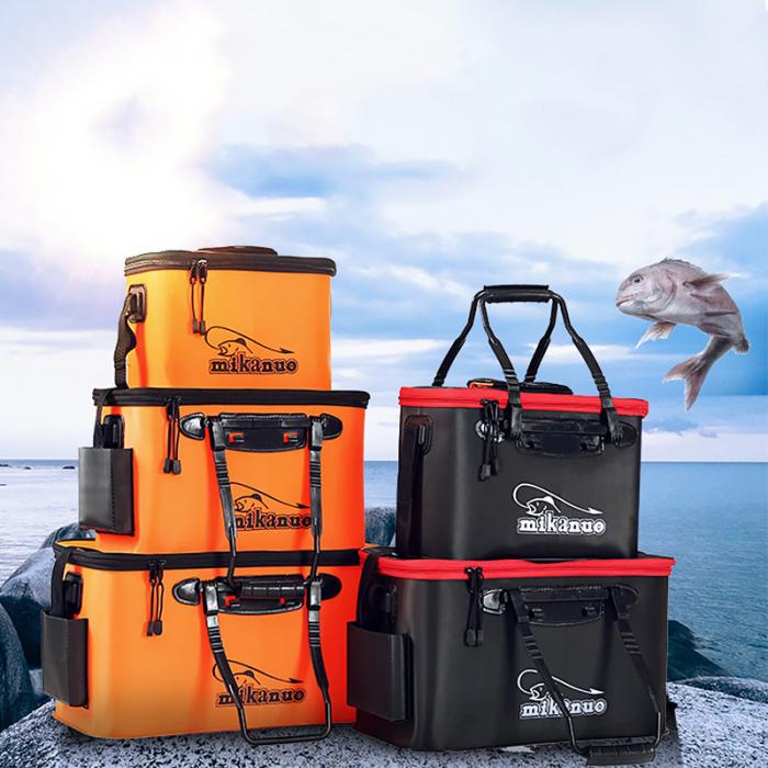 Orange and black Mikano EVA portable fishing bag with red trim and reinforced handles designed as a portable fishing bag for tackle storage.