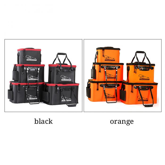 Black and orange mikane eva portable fishing bag with red trim and reinforced black handles designed as a portable fishing bag for organized tackle storage.