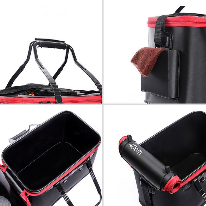 Black and red eva portable fishing bag with reinforced handles, sturdy handle, side pocket holding a brown towel, and an interior measuring 40cm.