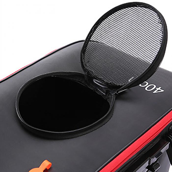 Black and red eva portable fishing bag with reinforced handles and a circular mesh lid for organized tackle storage.
