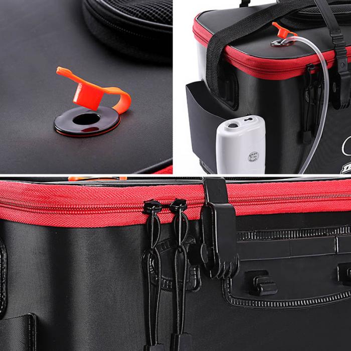 Eva portable fishing bag in black and red with durable fabric exterior, reinforced zipper pulls, reinforced handles, and side pockets for organized storage in a portable fishing bag design.