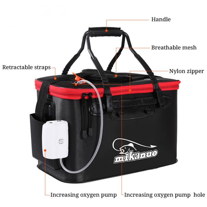 Black and red Mikano fishing tackle box with built-in oxygen pump system inside eva portable fishing bag with reinforced handles for portable fishing bag use.
