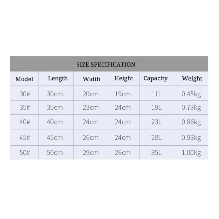 Size specification table for eva portable fishing bag with reinforced handles listing dimensions and capacities by model number for a portable fishing bag.