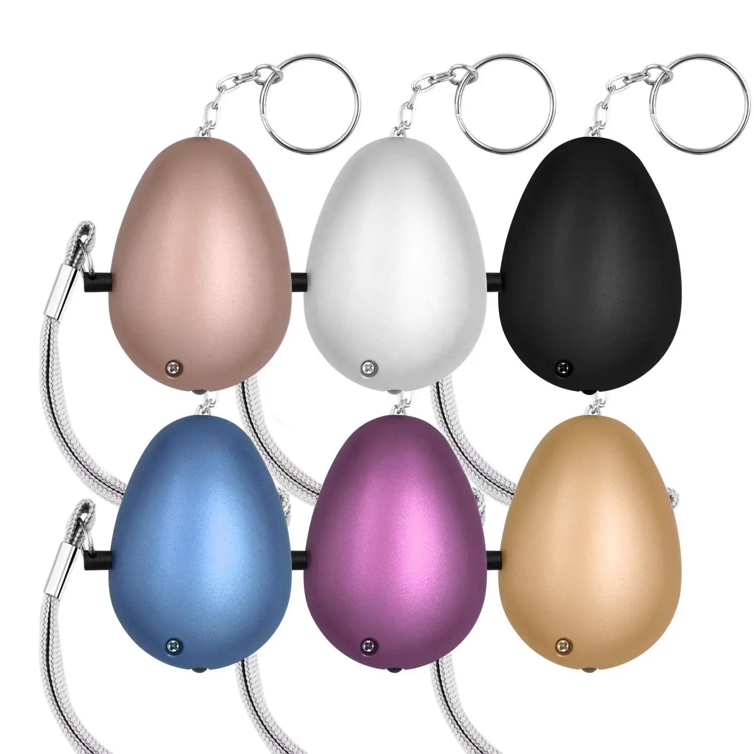 six egg-shaped security alarm keychains in rose gold, silver, black, blue, purple, and gold with LED lights feature a keychain loop and braided cord for personal safety.