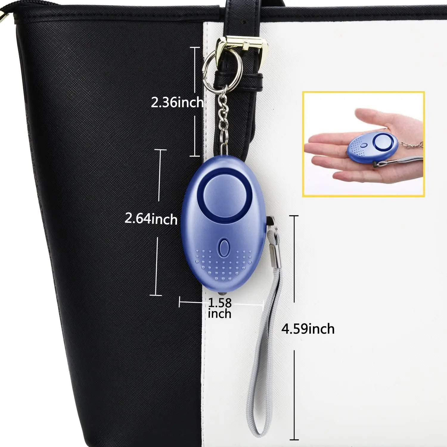 blue oval-shaped personal security alarm keychain with silver keychain and wrist strap designed for personal safety and security alarm use