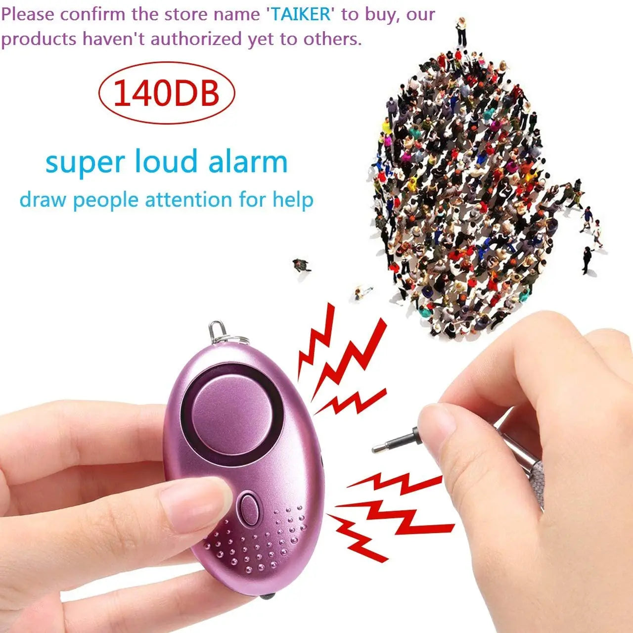 rose gold security alarm keychain with a purple oval-shaped personal security alarm featuring a central button and textured surface for enhanced grip.