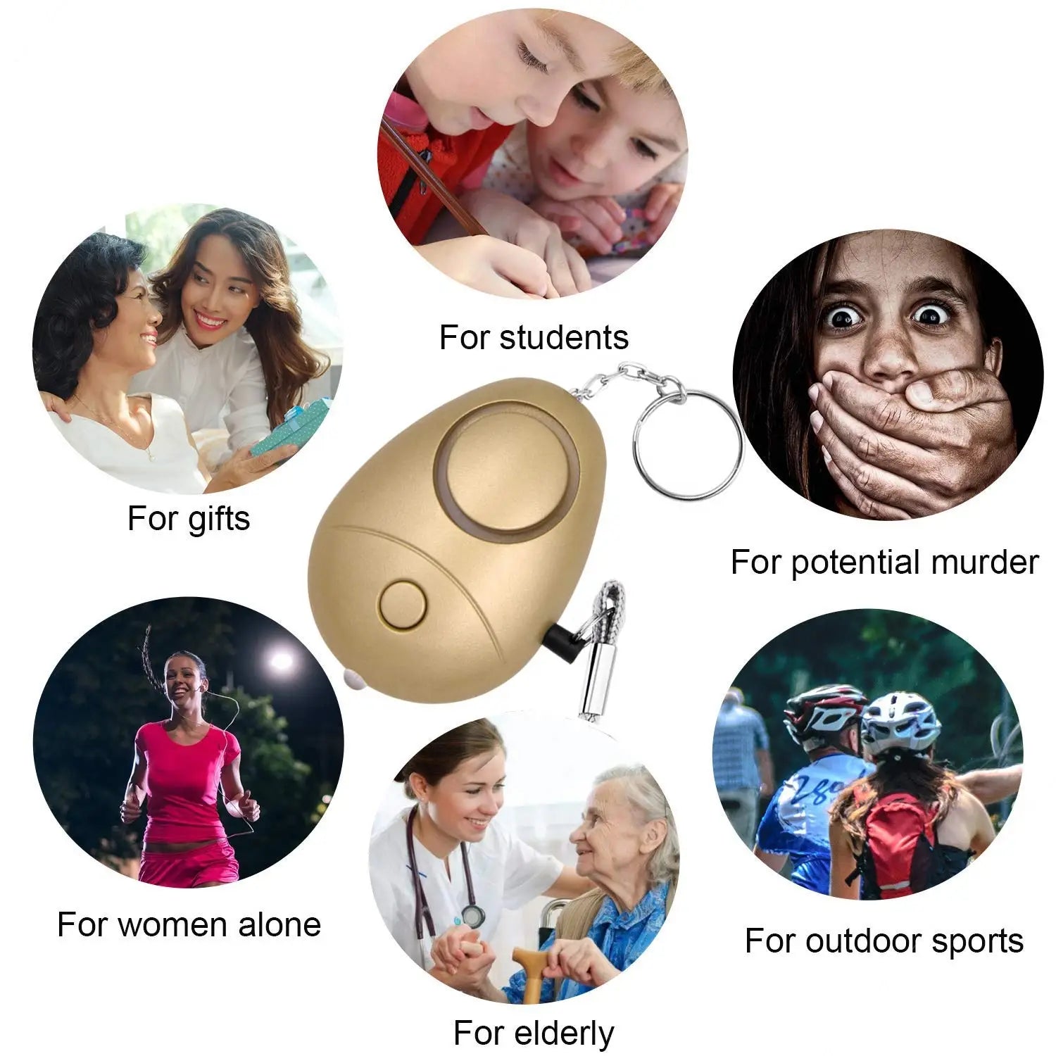 rose gold security alarm keychain with egg-shaped design, gold-colored finish, personal security alarm keychain with LED light and lanyard attachment