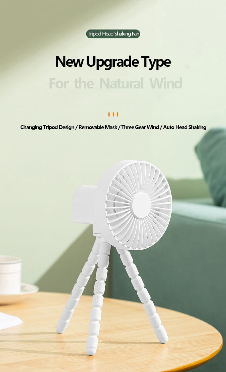 White tripod small fan with a sleek modern design, three flexible legs, and adjustable multifunctional small fan desktop use.