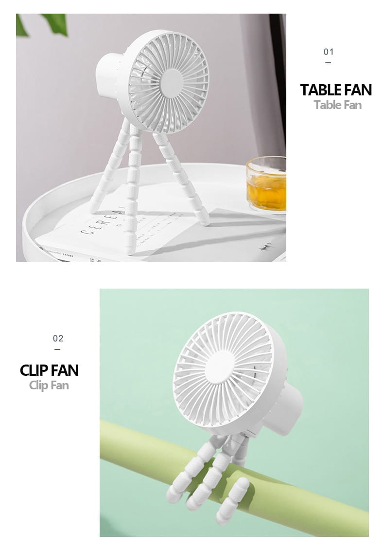 White plastic tripod small fan with adjustable stand and white plastic multifunctional clip small fan desktop for desk or rail use.