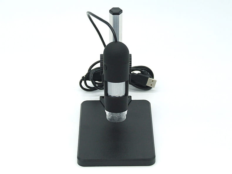 Black usb microscope camera with a sleek cylindrical body and transparent lens housing featuring an adjustable arm for digital usb microscope use.