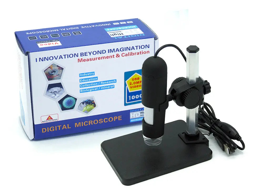 Black digital usb microscope camera with silver adjustable metal stand and usb cable designed for high-resolution imaging