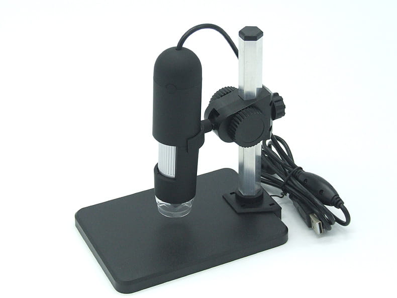 black usb microscope camera with a matte finish, adjustable arm stand, and integrated led lighting for enhanced digital microscopy.