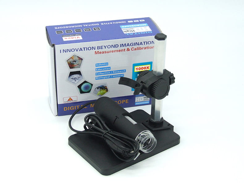 Black digital usb microscope camera with 1000x magnification and an attached camera lens mounted on a sturdy black stand with adjustable arm.