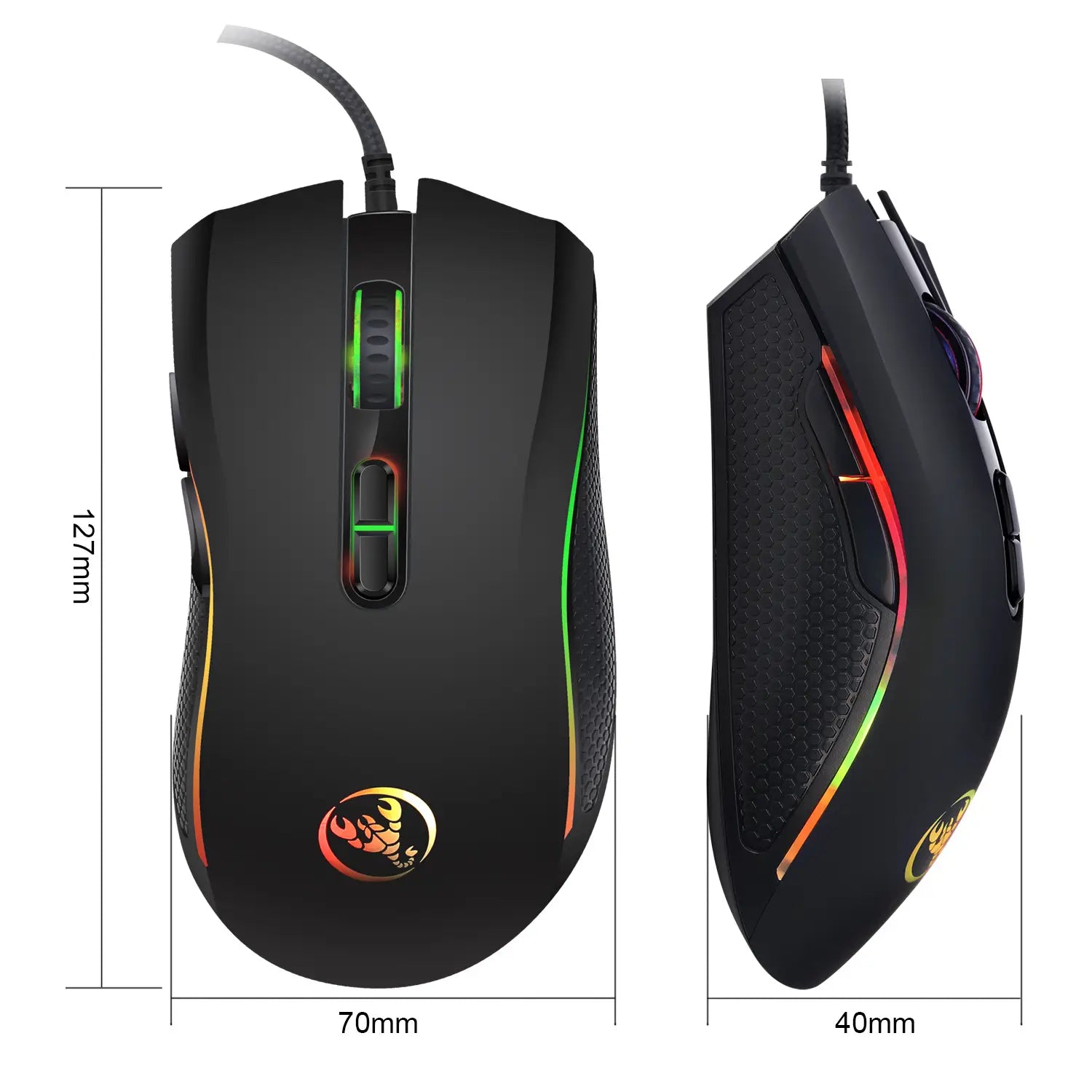 Black scorpion rgb luminous gaming mouse with colorful luminous gaming rgb lighting, textured grip, and scorpion logo on the side.