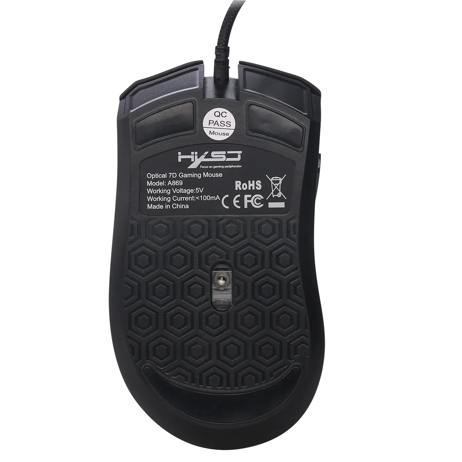 Black scorpion rgb luminous gaming mouse featuring a black plastic body with hexagonal textured grip and a central scroll wheel for colorful luminous gaming.