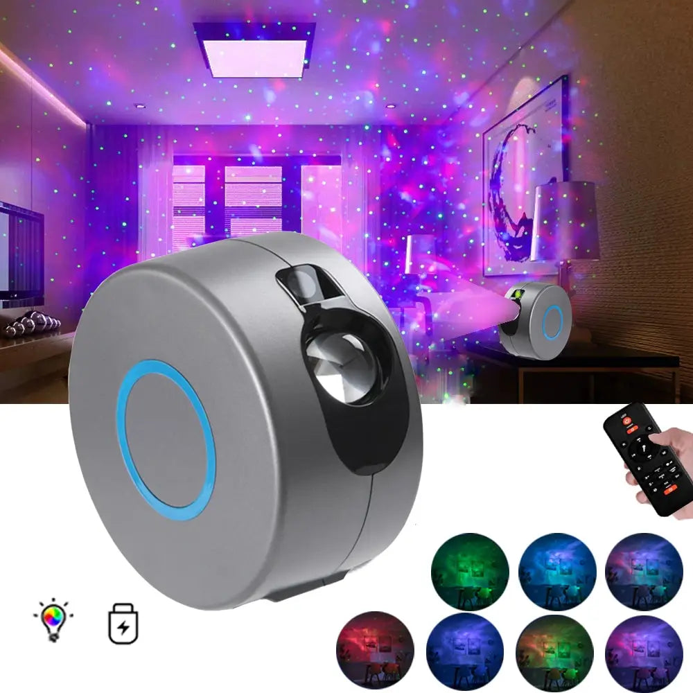 silver and black galaxy starry sky projector with a blue accent ring and black control panel designed to cast colorful celestial patterns onto ceilings.