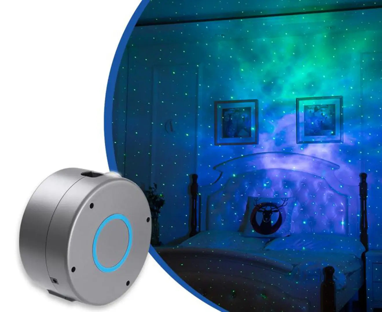 Silver cylindrical galaxy starry sky projector with a blue illuminated ring on its front face for rotating starry sky displays