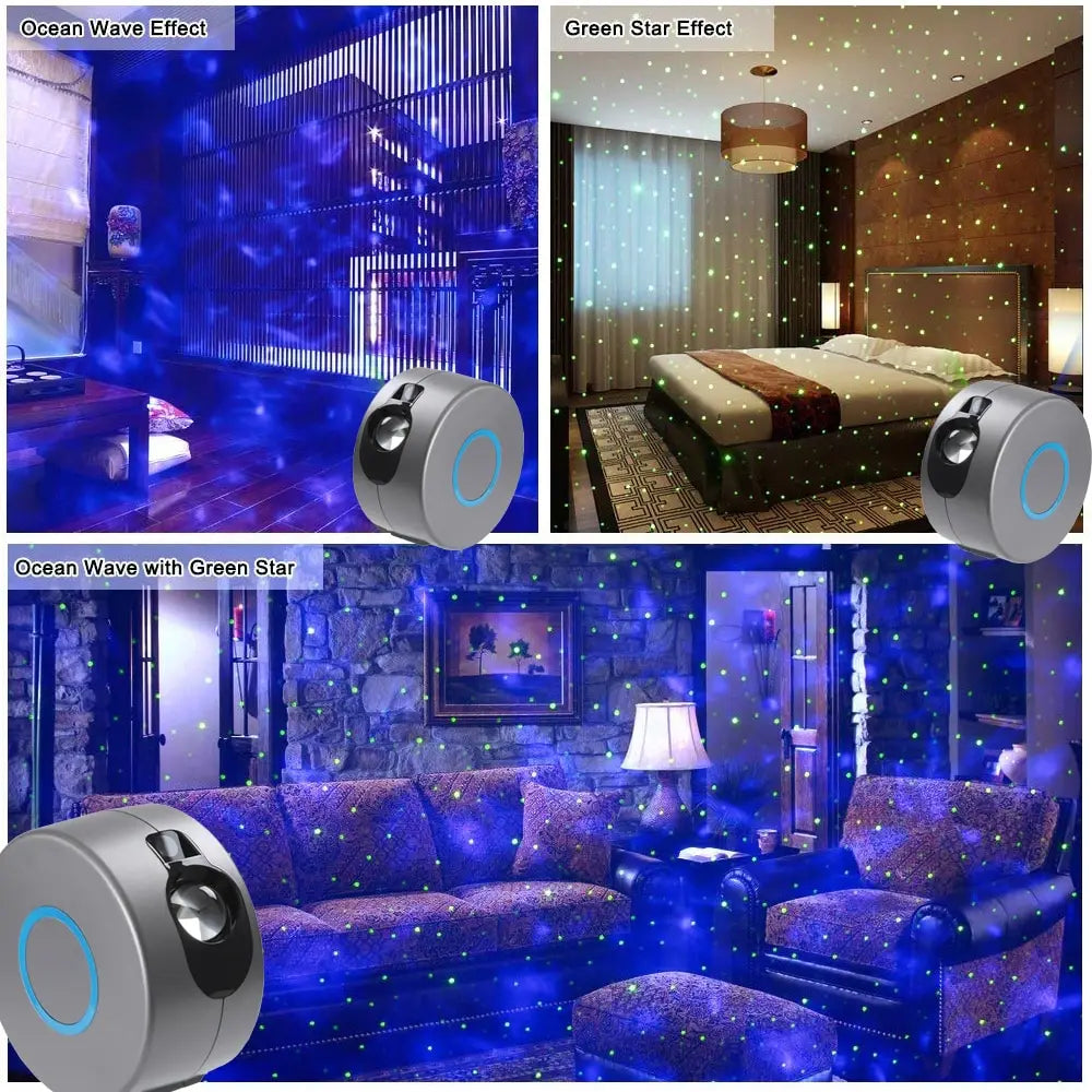 Silver cylindrical galaxy starry sky projector with blue accent ring and black lens designed to create ocean wave and green star light effects.