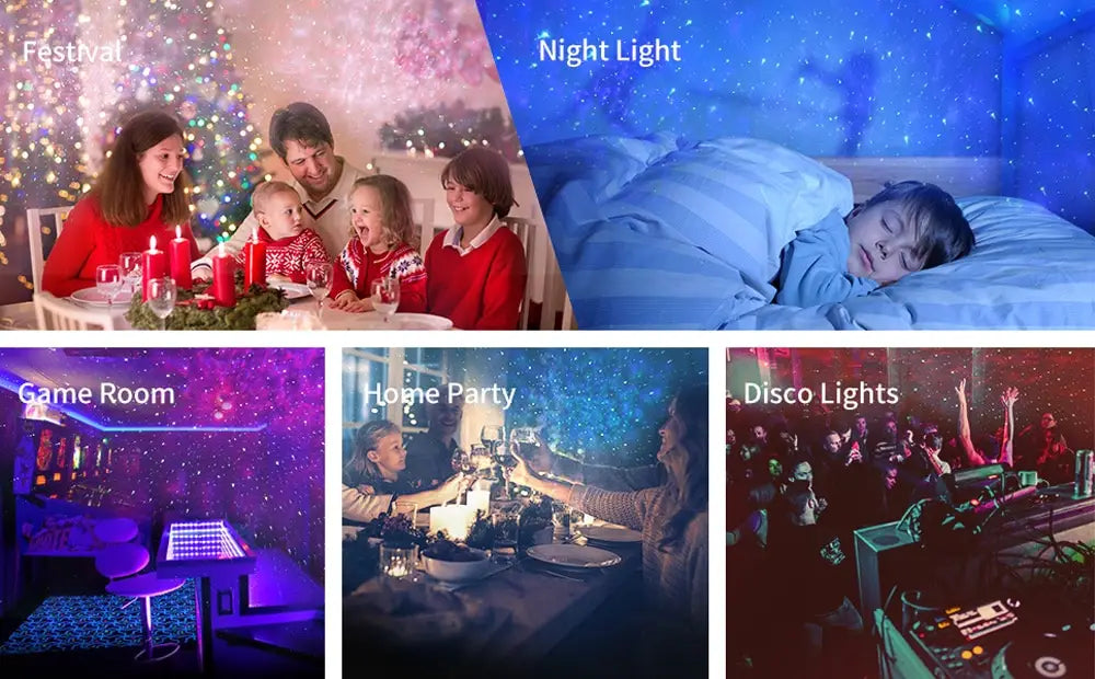 Galaxy starry sky projector in silver and black with customizable lighting modes for festive relaxing or party atmospheres displaying a starry night projection.