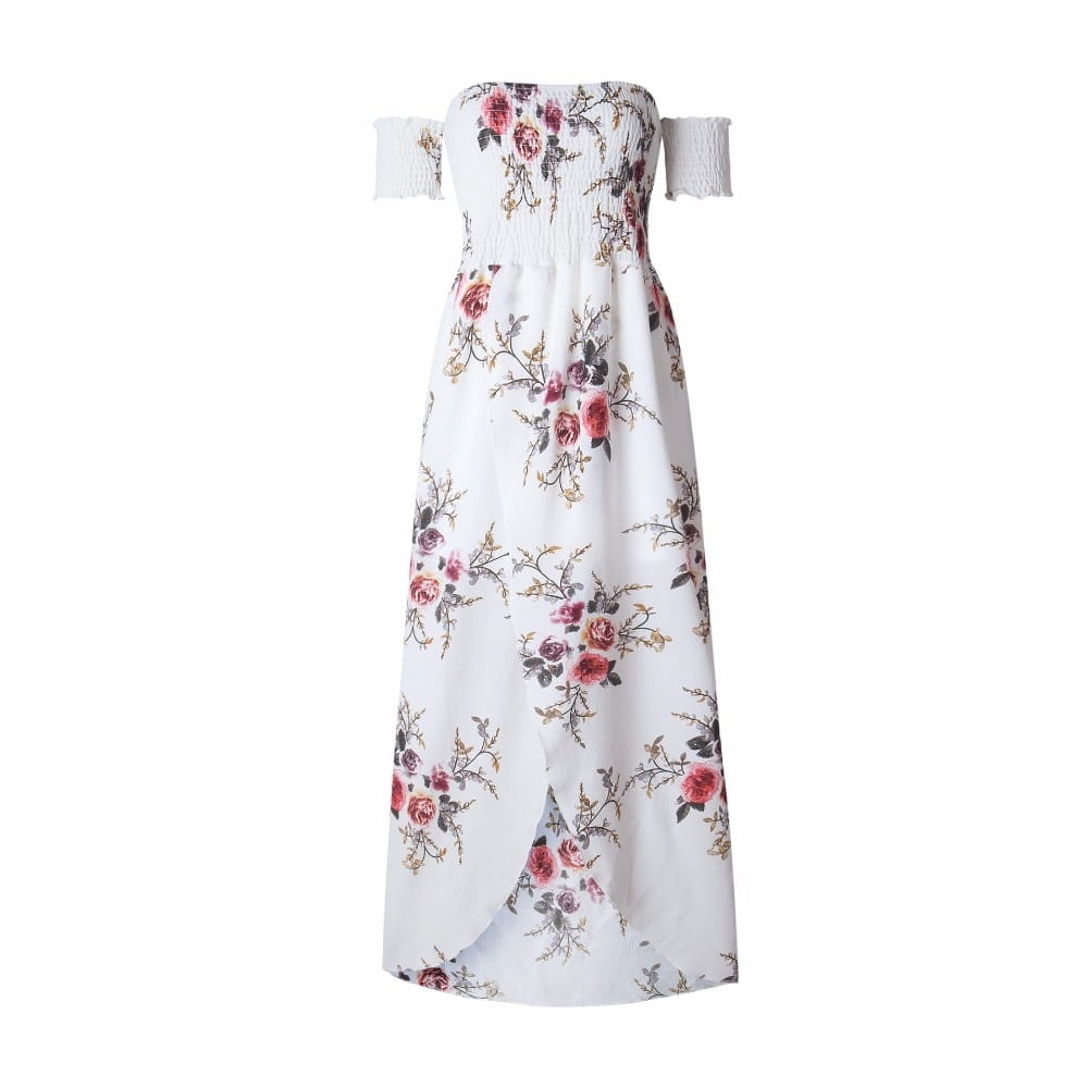 White off-the-shoulder boho style long dress for women featuring a floral pattern with pink roses and green vines and textured white short sleeves.