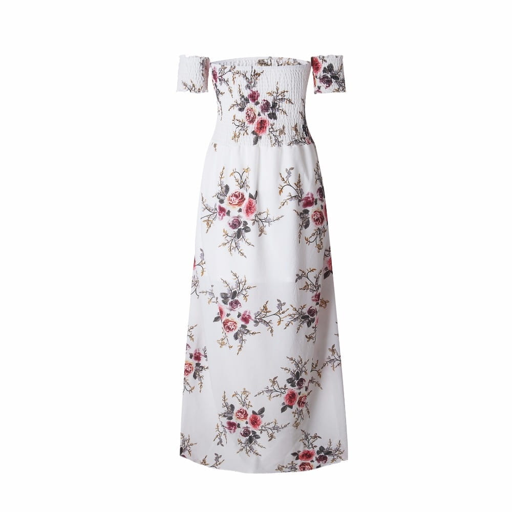 A white boho style long dress for women featuring an off the shoulder neckline and a floral pattern with pink roses and dark green stems crafted from lightweight fabric.